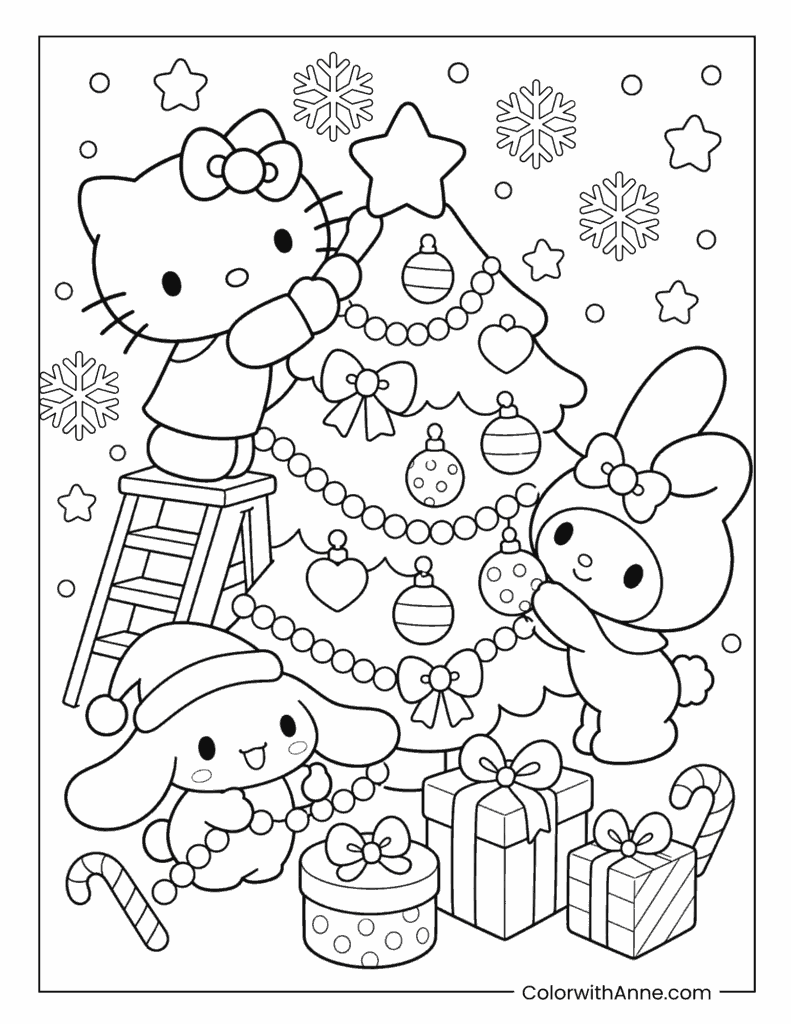 Hello Kitty, Cinnamoroll And My Melody Decorating A Christmas Tree Coloring Page