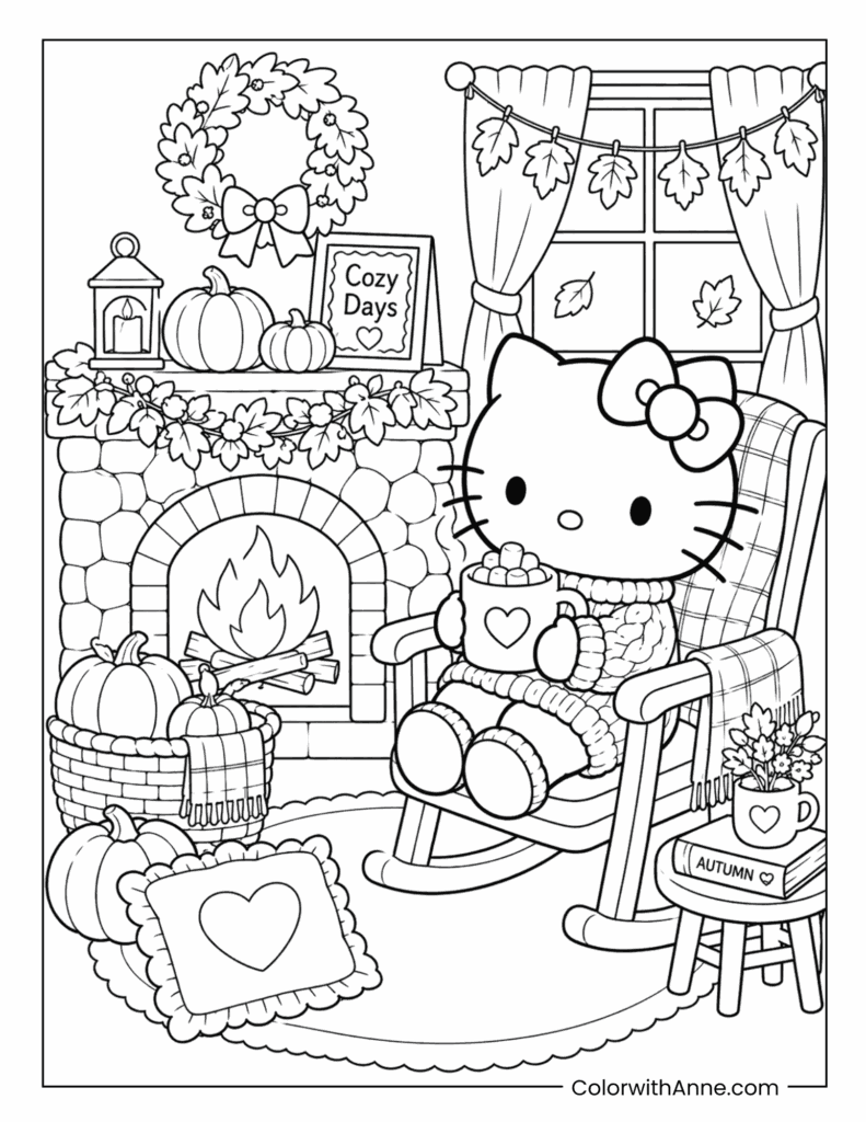 Hello Kitty Cozy Fireplace Reading Corner Coloring Page