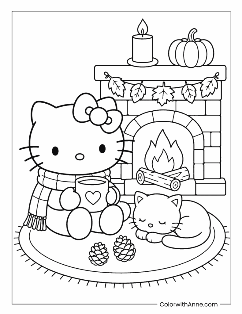 Hello Kitty Cozy Fireplace With Cat Coloring Page