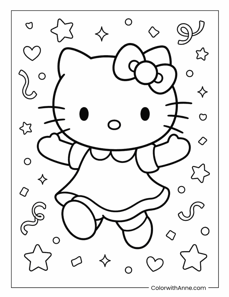 Hello Kitty Dancing with Stars and Confetti Coloring Page