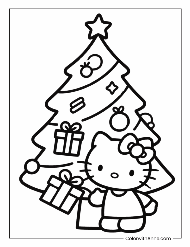 Hello Kitty Decorating a Christmas Tree Coloring Page