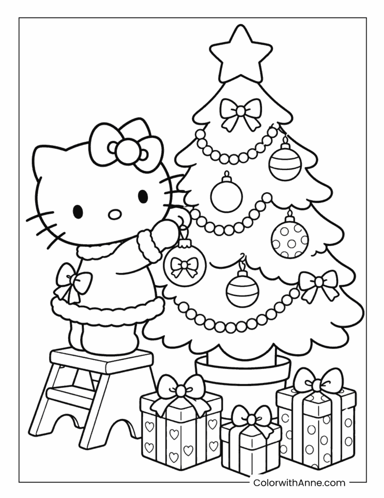 Hello Kitty Decorating a Christmas Tree with Presents Coloring Page