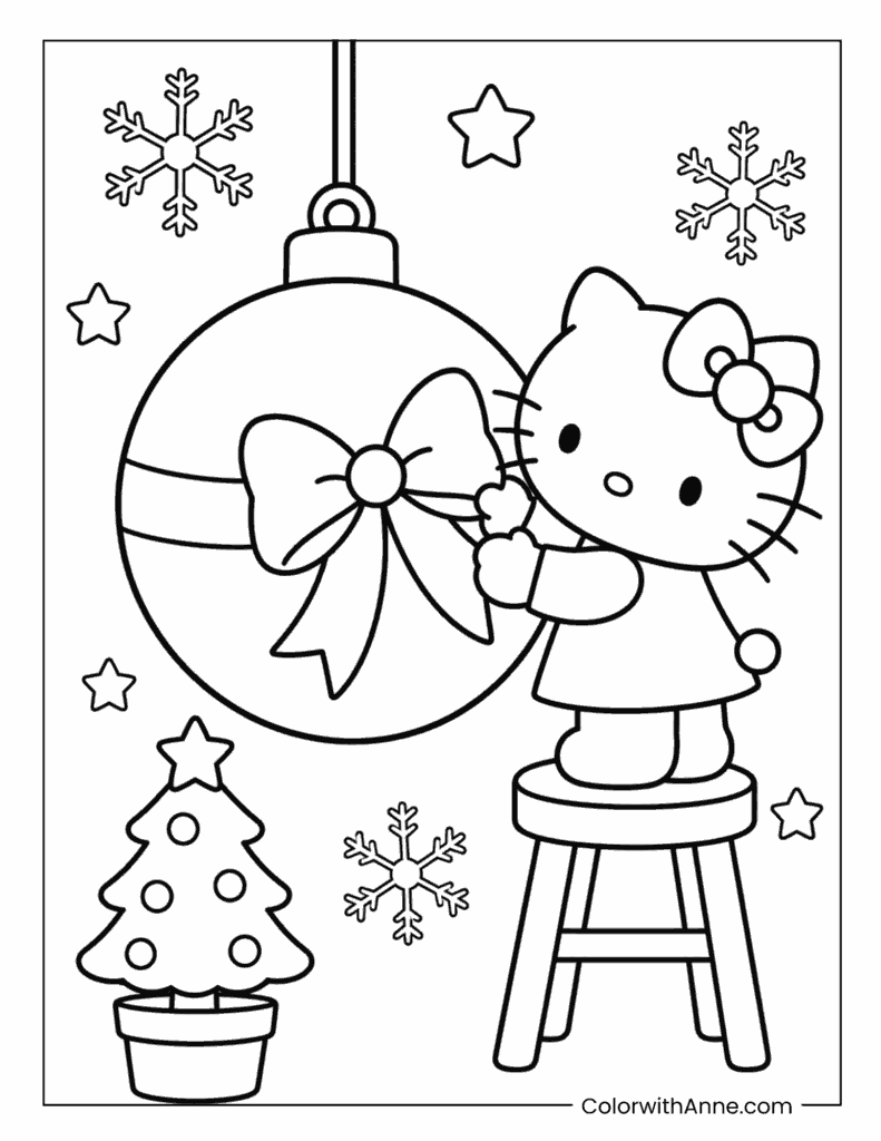 Hello Kitty Decorating a Giant Christmas Ornament Coloring Page