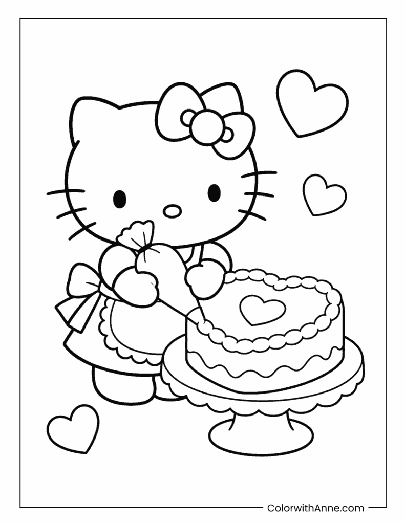 Hello Kitty Decorating a Valentine Cake Coloring Page