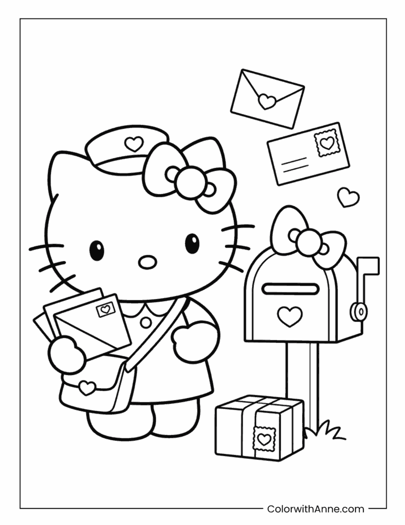 Hello Kitty Delivering Letters at the Mailbox Coloring Page