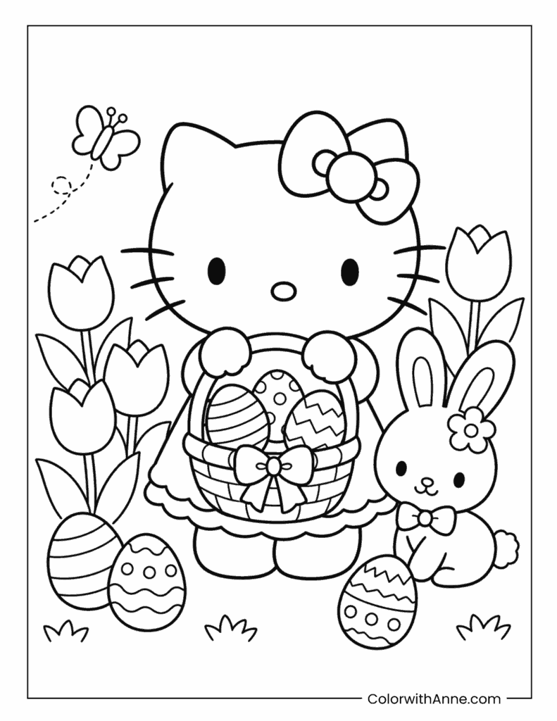 Hello Kitty Easter Basket with a Cute Bunny Coloring Page