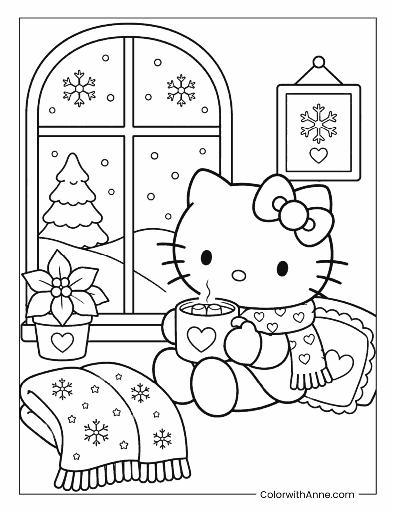 Hello Kitty Enjoying Hot Cocoa by the Window Coloring Page