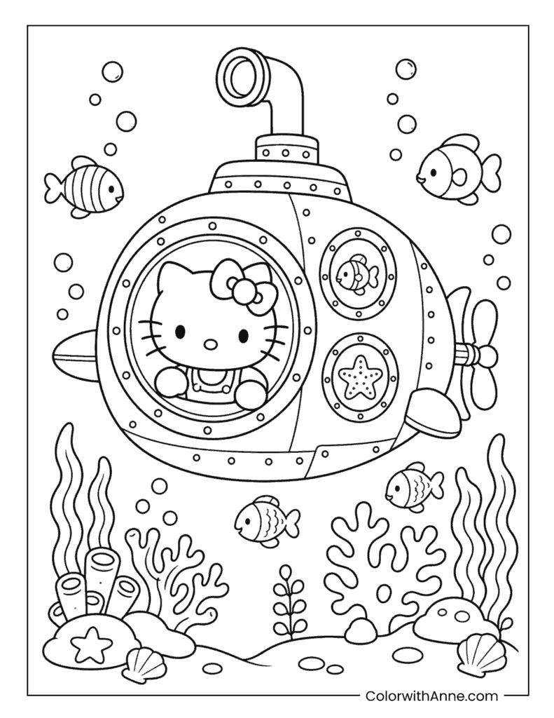 Hello Kitty Exploring the Ocean in a Submarine Coloring Page