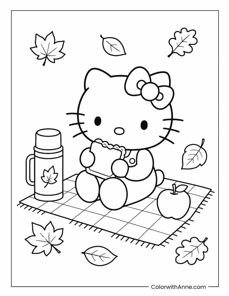 Hello Kitty Fall Picnic With Thermos Coloring Page