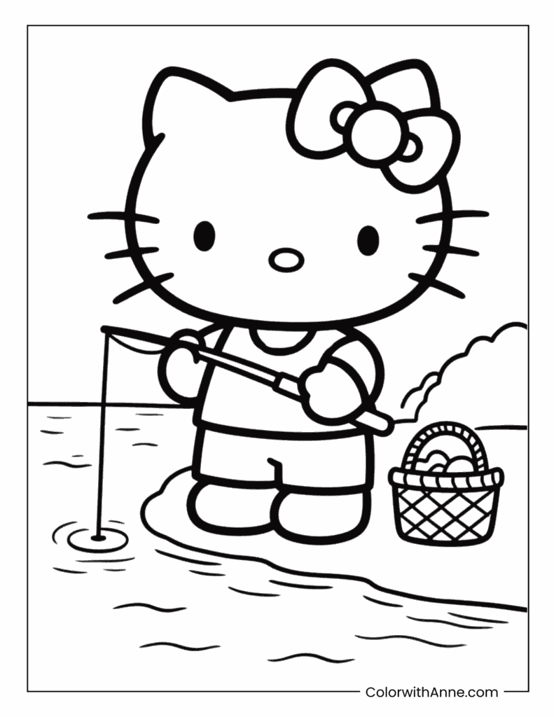 Hello Kitty Fishing at a Calm Lake Coloring Page