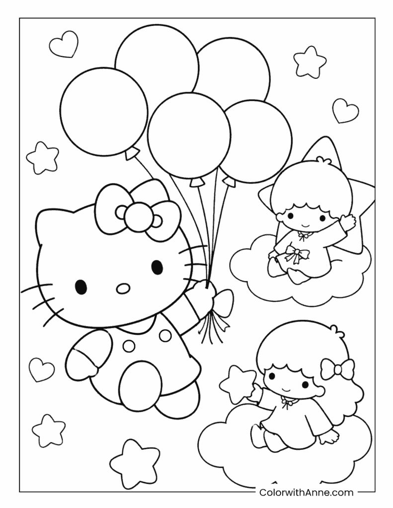 Hello Kitty Floating With Balloons And Little Twin Stars Coloring Page