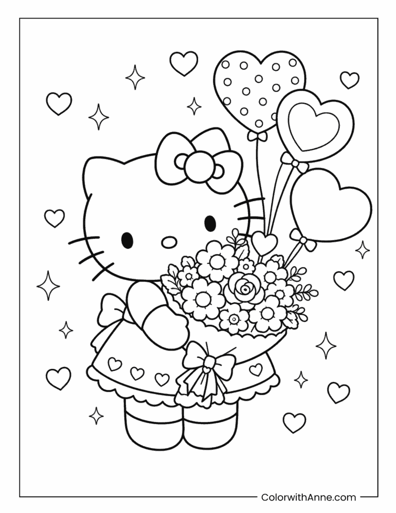Hello Kitty Flower Bouquet and Balloons Coloring Page