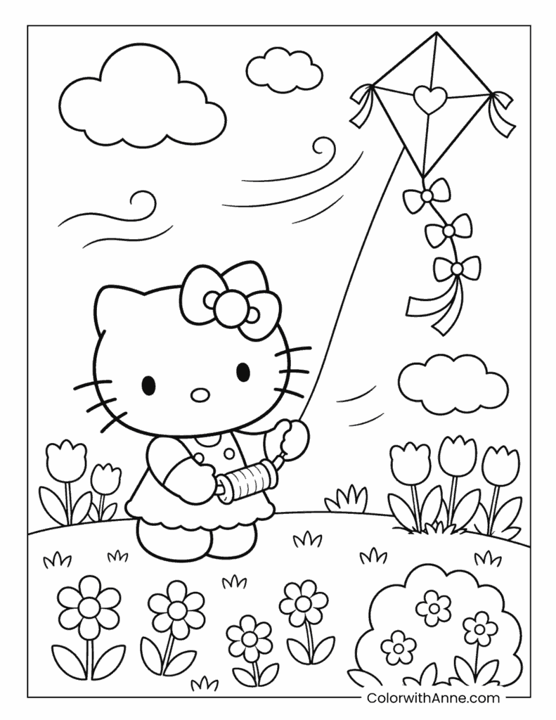 Hello Kitty Flying a Kite in Spring Coloring Page