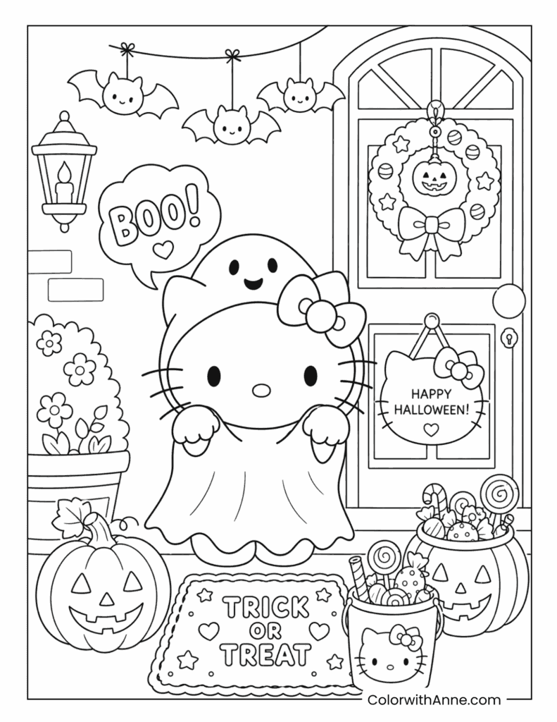 Hello Kitty Ghost Saying BOO! Coloring Page