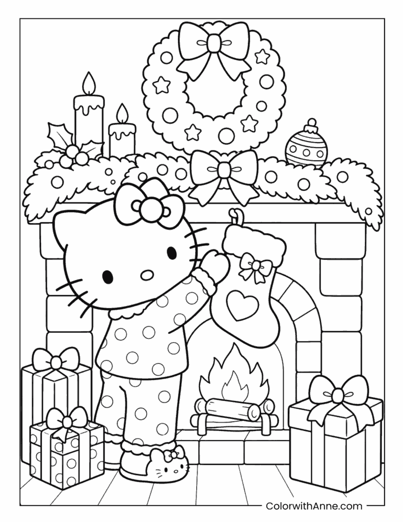 Hello Kitty Hanging a Christmas Stocking Coloring Page