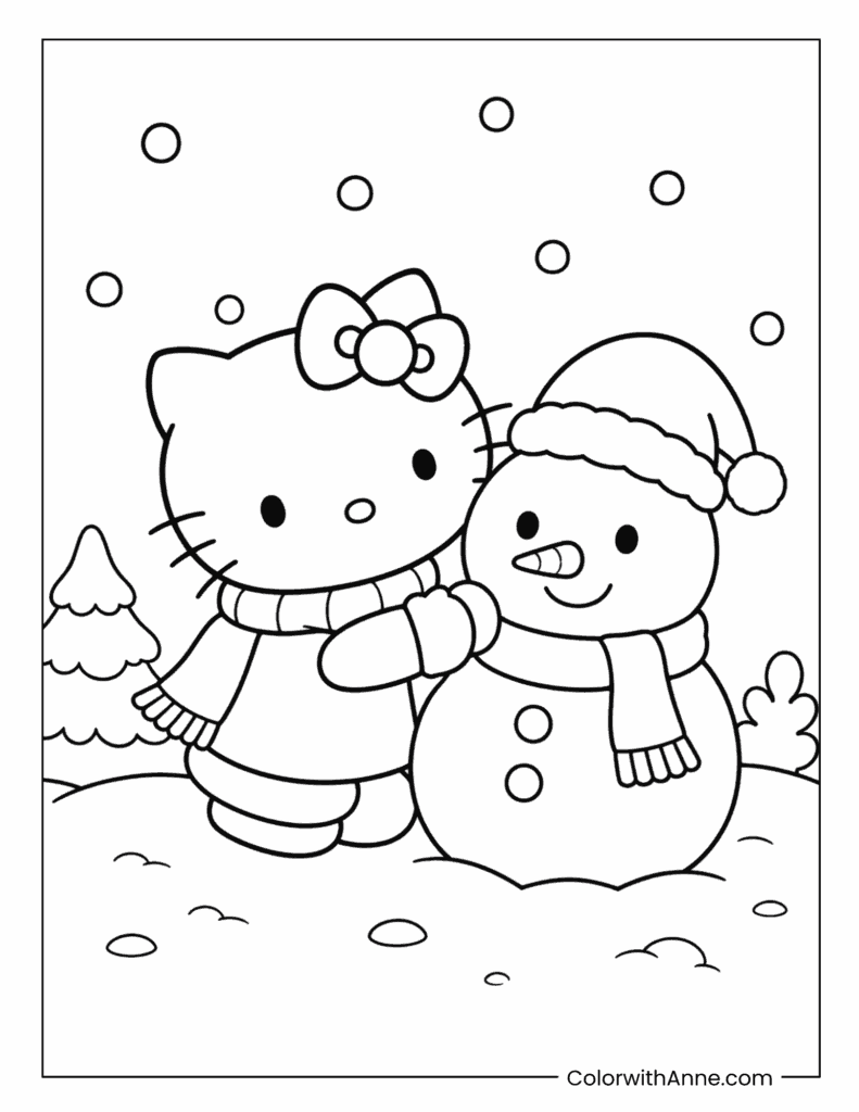 Hello Kitty Happily Building A Snowman Coloring Page