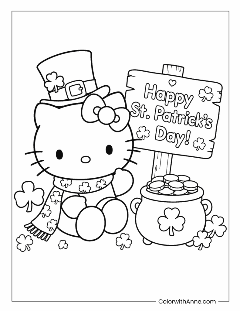 Hello Kitty Happy St. Patrick's Day Sign Coloring Page