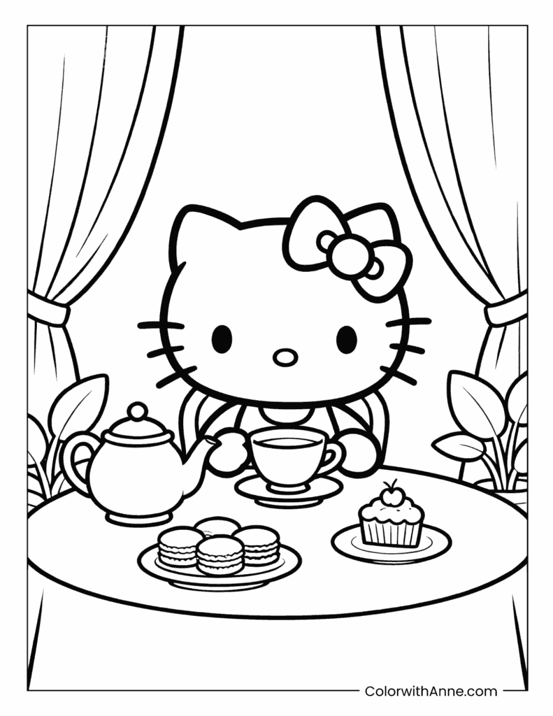 Hello Kitty Having Tea with Sweets Coloring Page