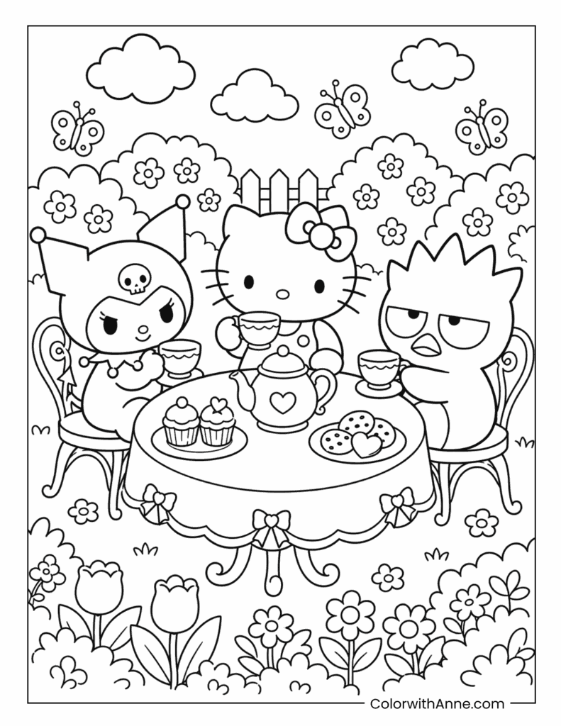 Hello Kitty Having a Garden Tea Party with Friends Kuromi and Badtz-Maru Coloring Page