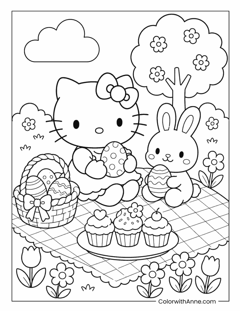 Hello Kitty Having an Easter Picnic with Bunny Coloring Page