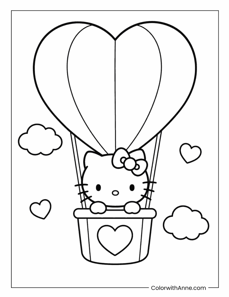 Hello Kitty Heart Hot Air Balloon Coloring Page for Kids