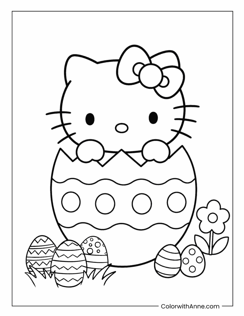 Hello Kitty Hiding in a Giant Easter Egg Coloring Page