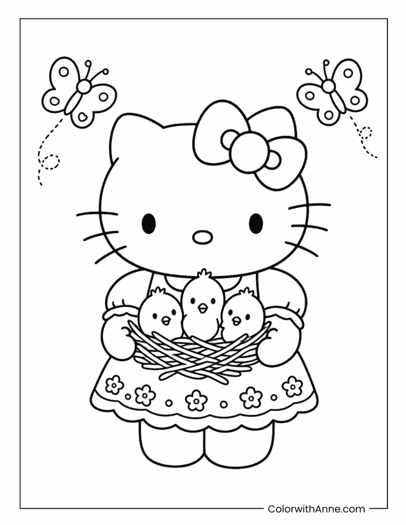 Hello Kitty Holding Baby Chicks Spring Coloring Page