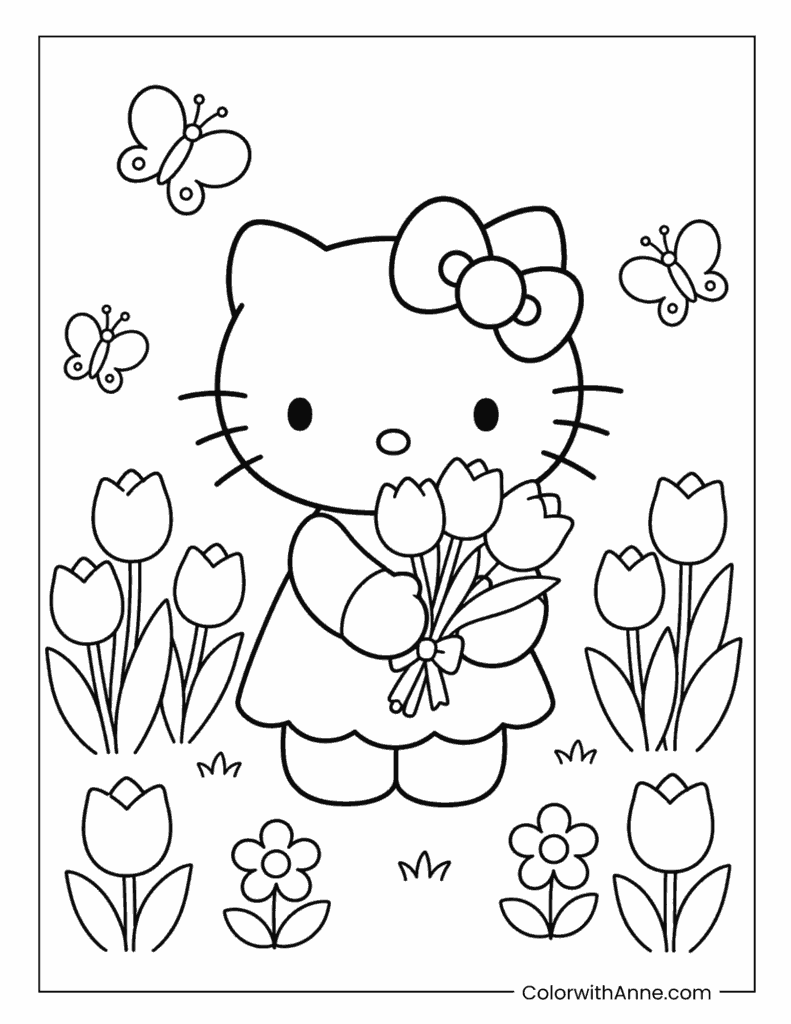 Hello Kitty Holding Tulips in a Spring Garden Coloring Page