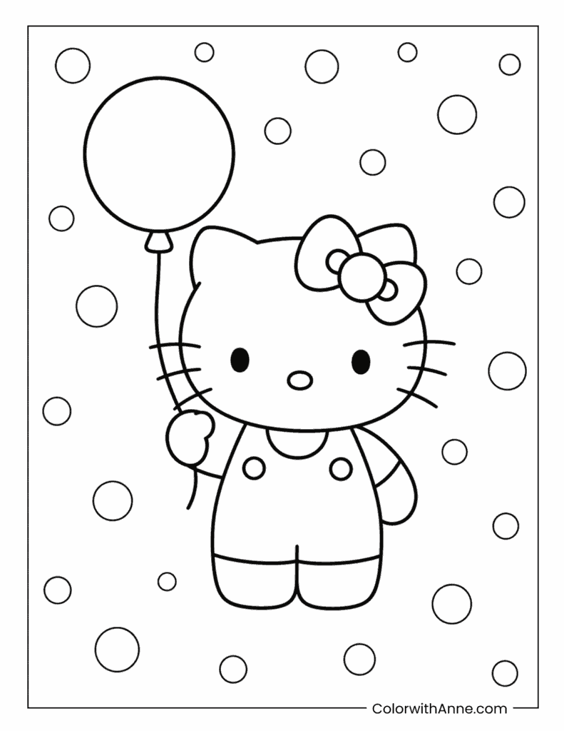 Hello Kitty Holding a Balloon with Bubbles Coloring Page