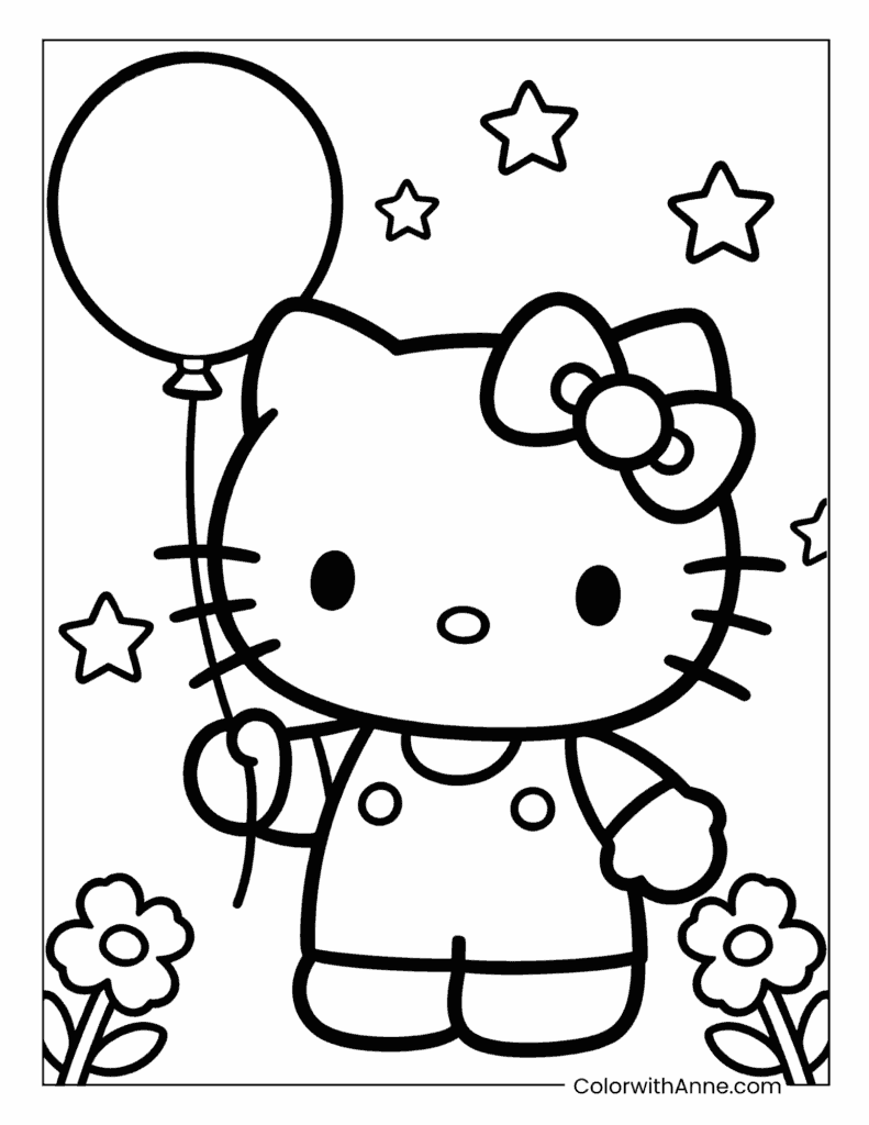 Hello Kitty Holding a Balloon with Stars Coloring Page