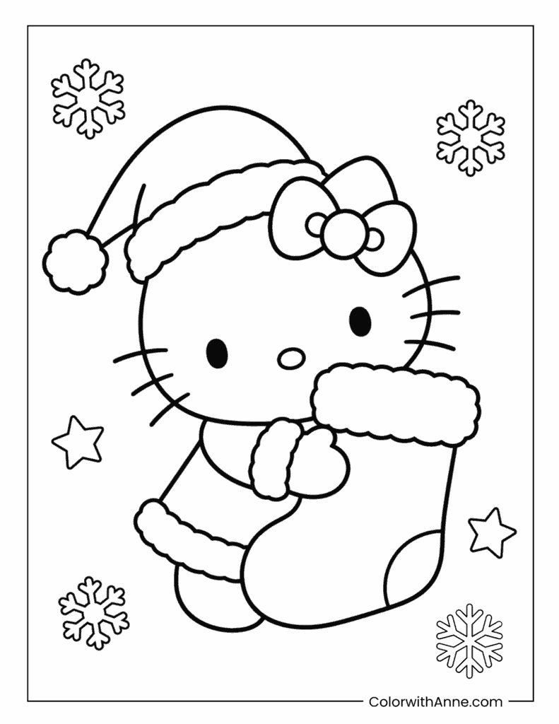 Hello Kitty Holding a Big Christmas Stocking Coloring Page