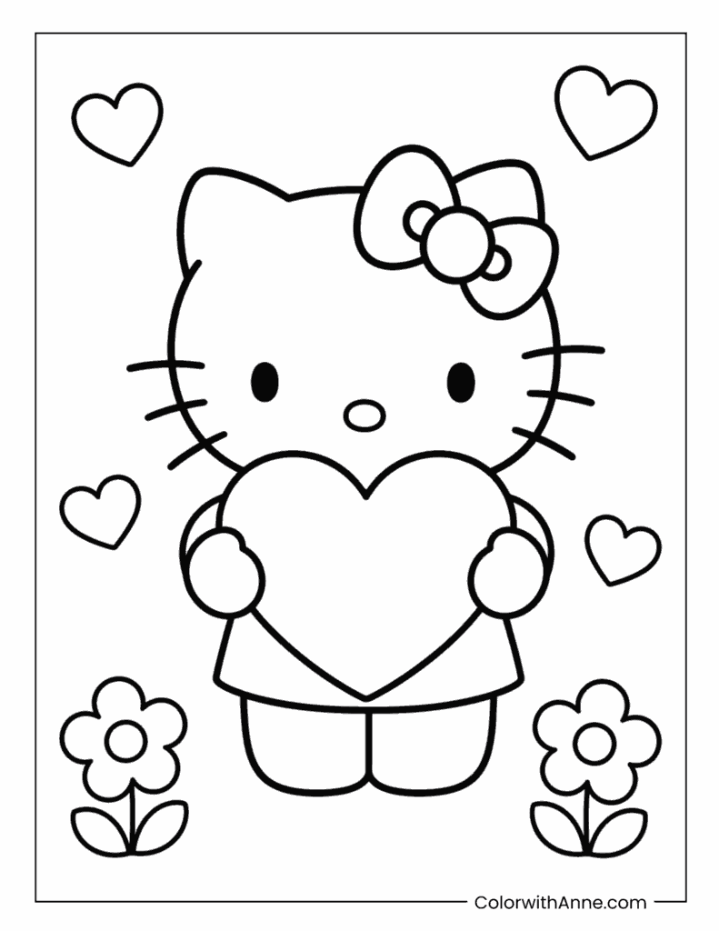 Hello Kitty Holding a Big Heart Coloring Page