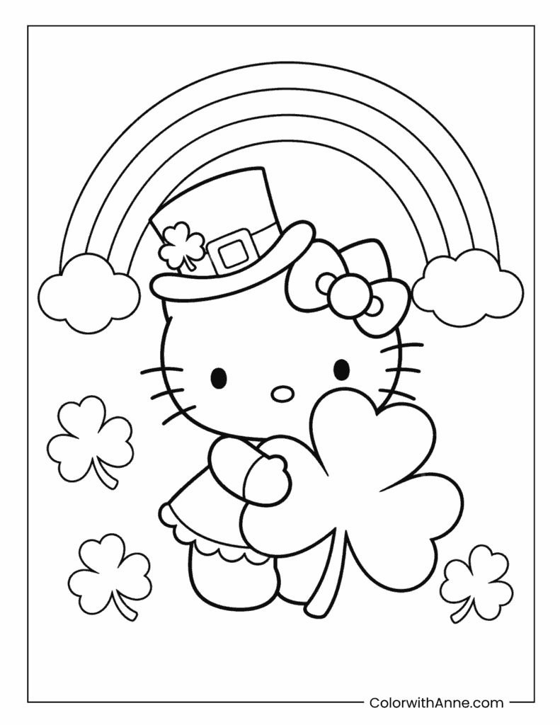 Hello Kitty Holding a Big Shamrock Coloring Page