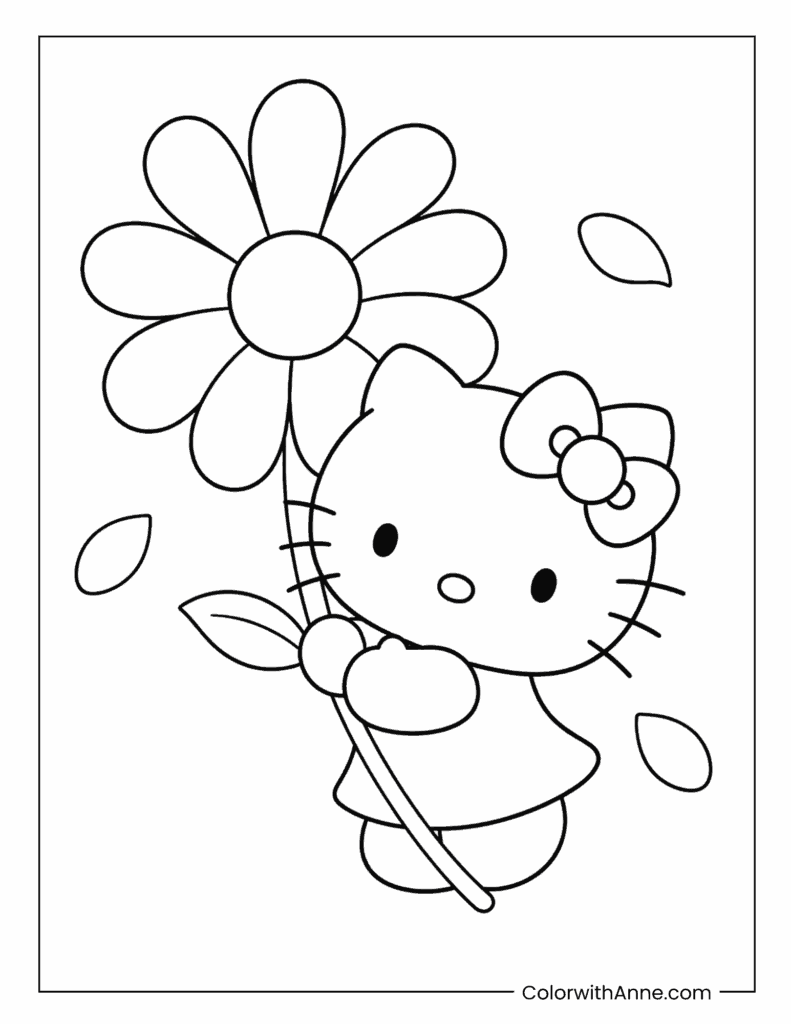 Hello Kitty Holding a Big Spring Daisy Coloring Page