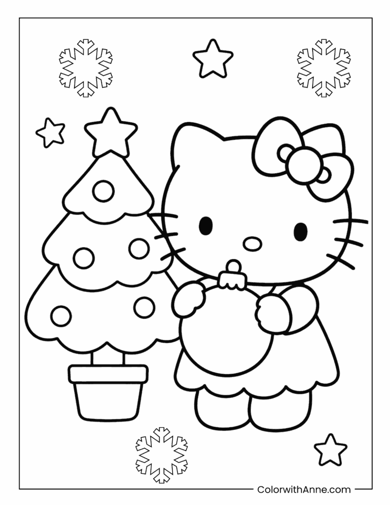 Hello Kitty Holding a Christmas Ornament Coloring Page