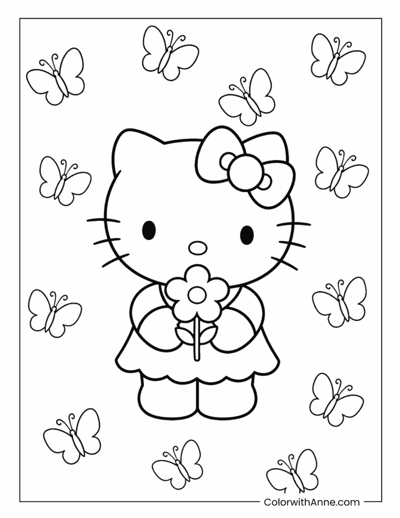 Hello Kitty Holding a Flower with Butterflies Coloring Page