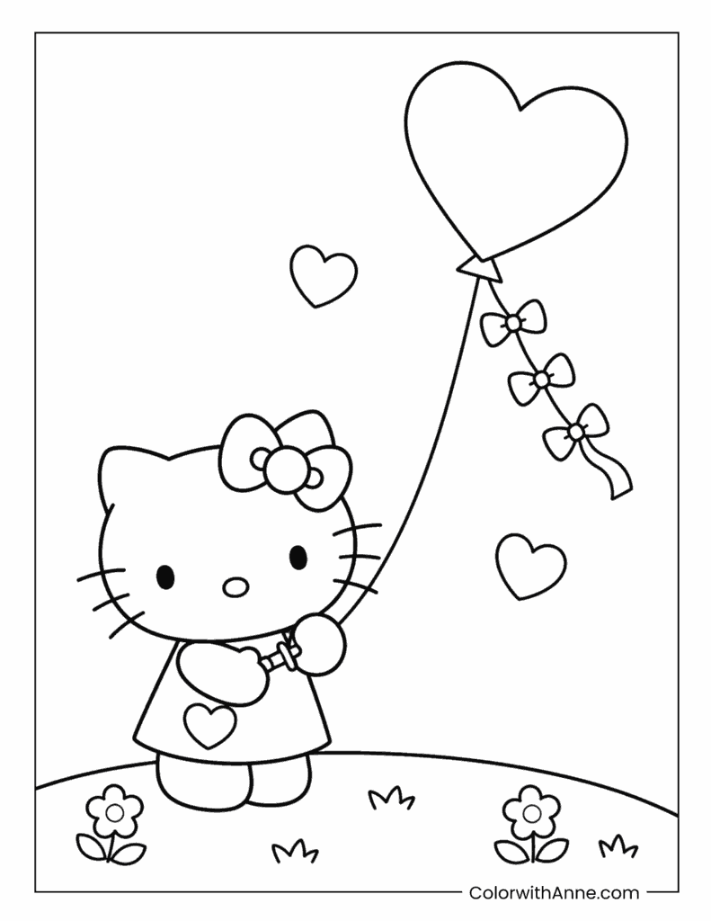 Hello Kitty Holding a Heart Balloon Coloring Page