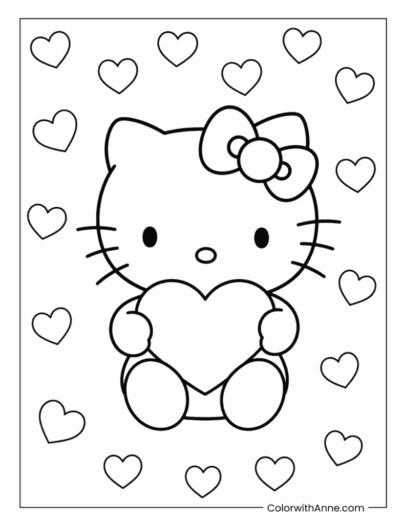 Hello Kitty Holding a Heart Coloring Page for Kids