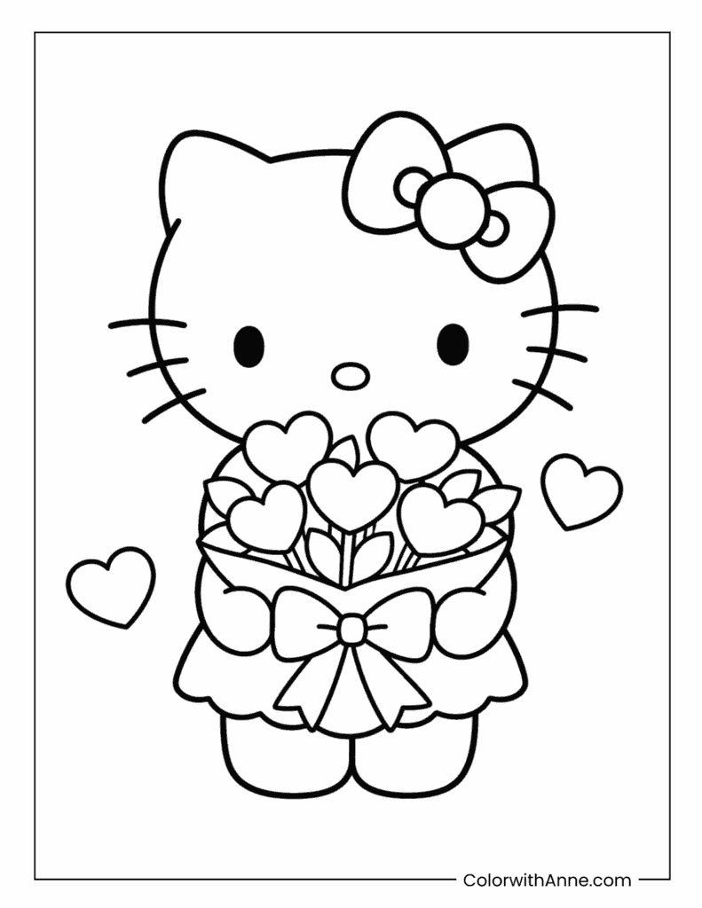 Hello Kitty Holding a Heart Flower Bouquet Easy Coloring Page