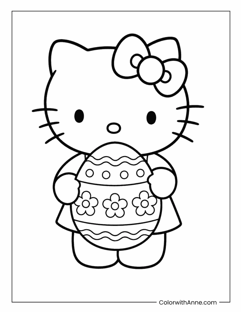 Hello Kitty Holding a Large Decorated Easter Egg Coloring Page