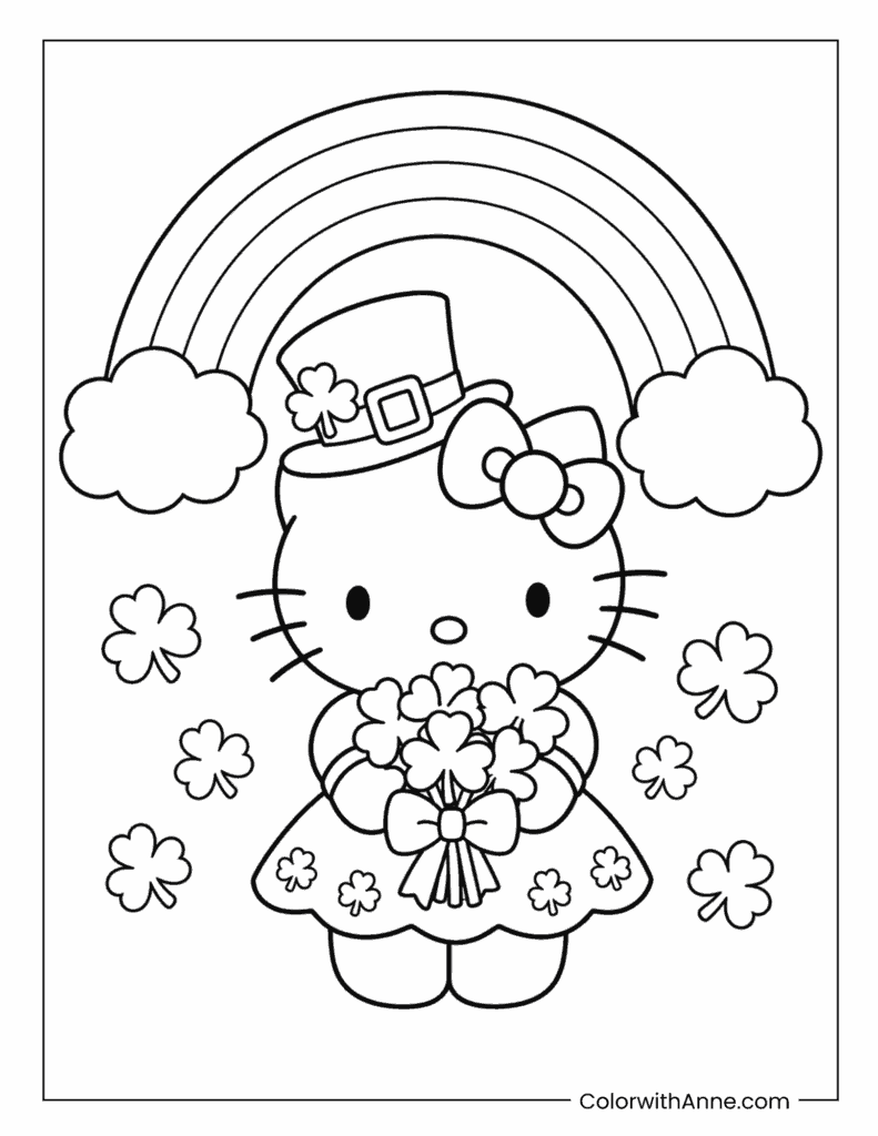 Hello Kitty Holding a Shamrock Bouquet Coloring Page