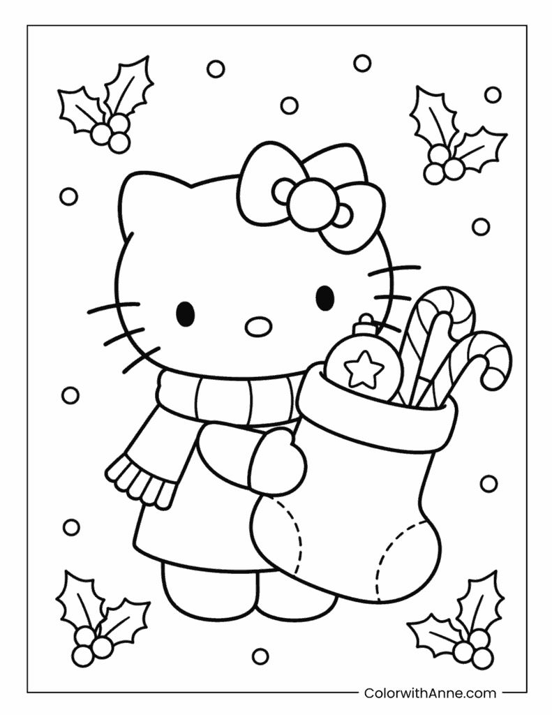 Hello Kitty Holding a Stocking Full of Candy Canes Coloring Page