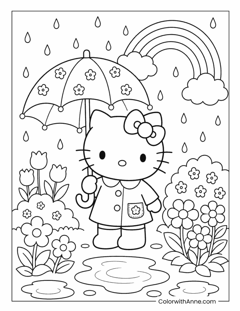 Hello Kitty Holding an Umbrella in Spring Rain Coloring Page