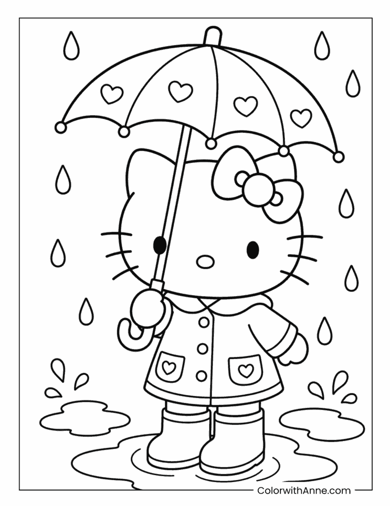 Hello Kitty Holding an Umbrella in the Rain Coloring Page