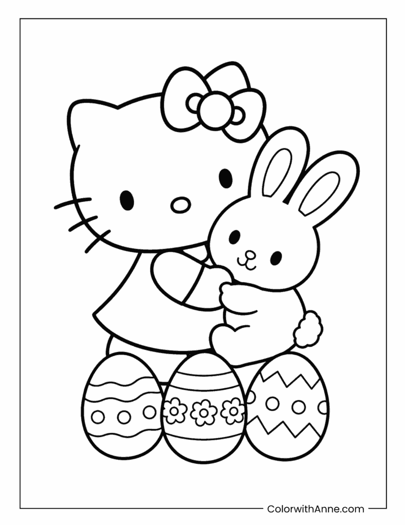 Hello Kitty Hugging a Bunny with Easter Eggs Coloring Page