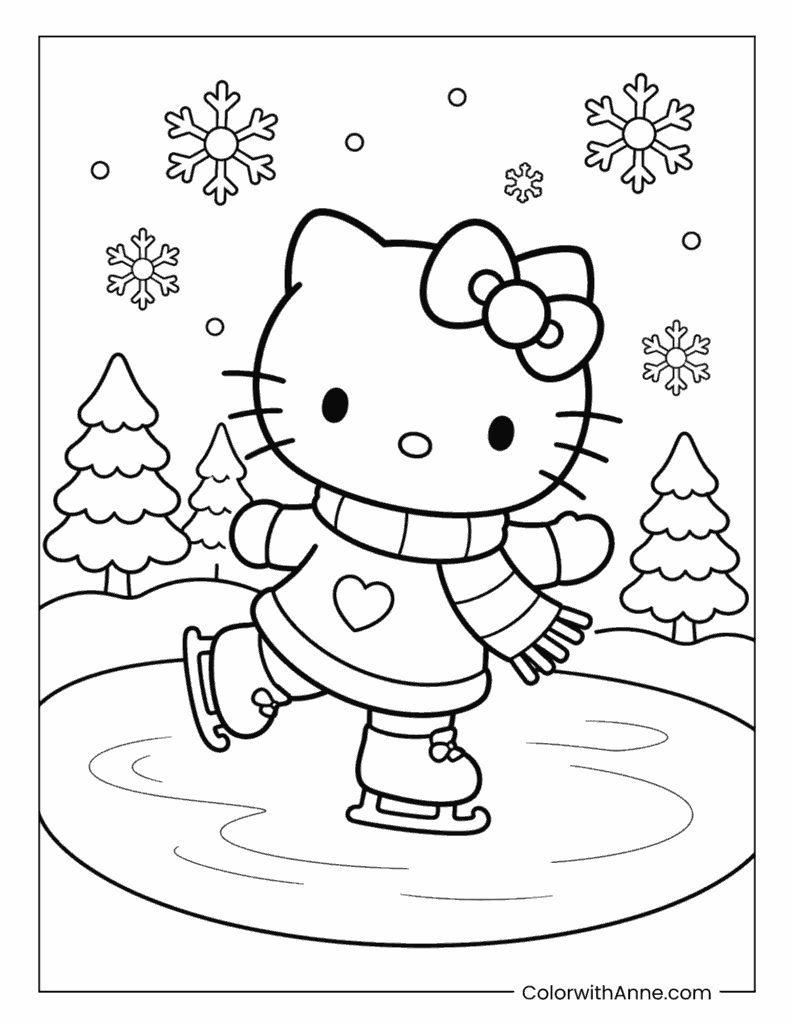Hello Kitty Ice Skating in Winter Coloring Page