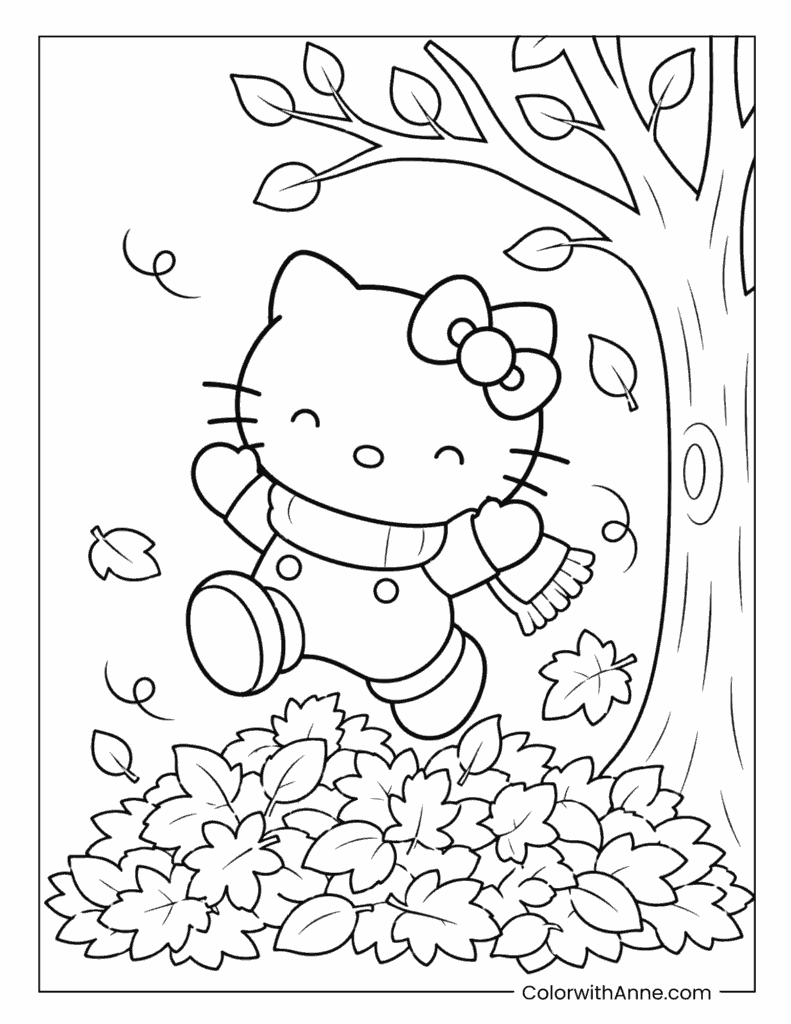 Hello Kitty Jumping Into Leaf Pile Coloring Page