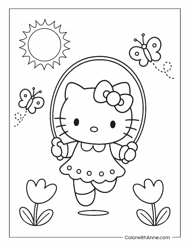 Hello Kitty Jumping Rope in Spring Coloring Page