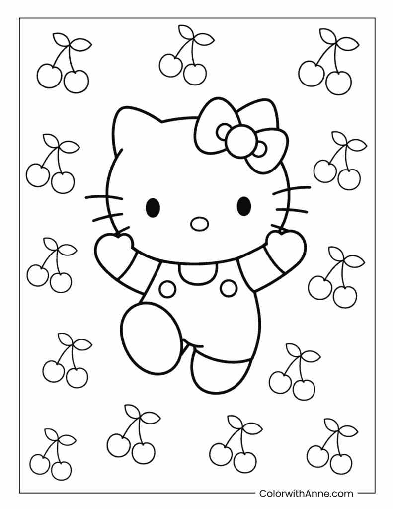 Hello Kitty Jumping with a Cute Cherry Pattern Coloring Page