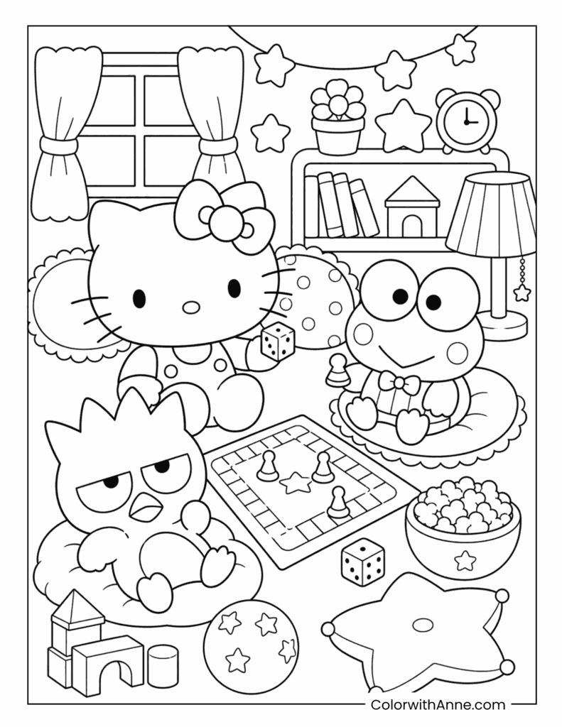 Hello Kitty, Keroppi, And Bad Badtz-Maru Playing A Board Game Together Coloring Page